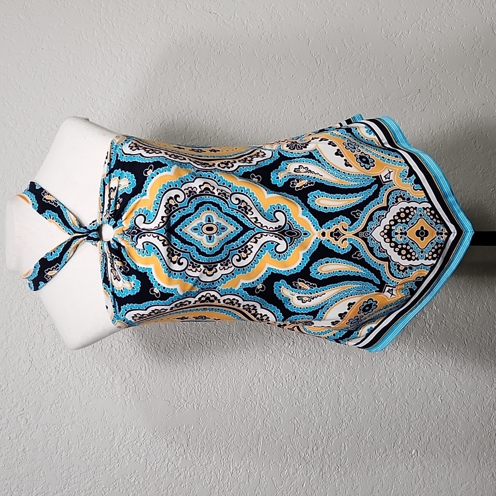 Beach Inc Teal Yellow White & Blue Paisley  Handkerchief Hem Halter Top Sz. M